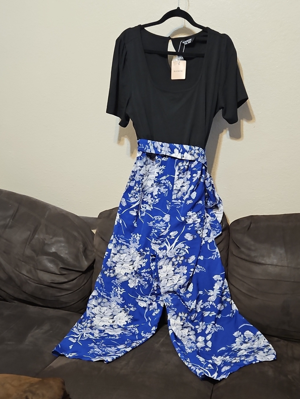 BloomChic Black & Royal Blue Floral Wide-Leg Jumpsuit